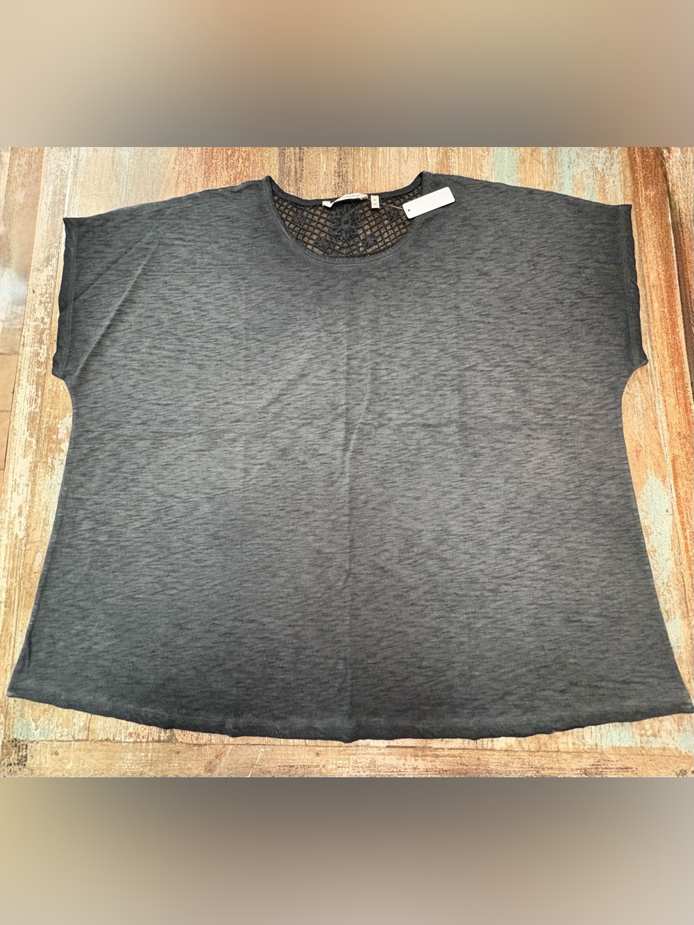 Soft Surroundings Grey Knit Top with Lace Yoke at the Back of the Neck